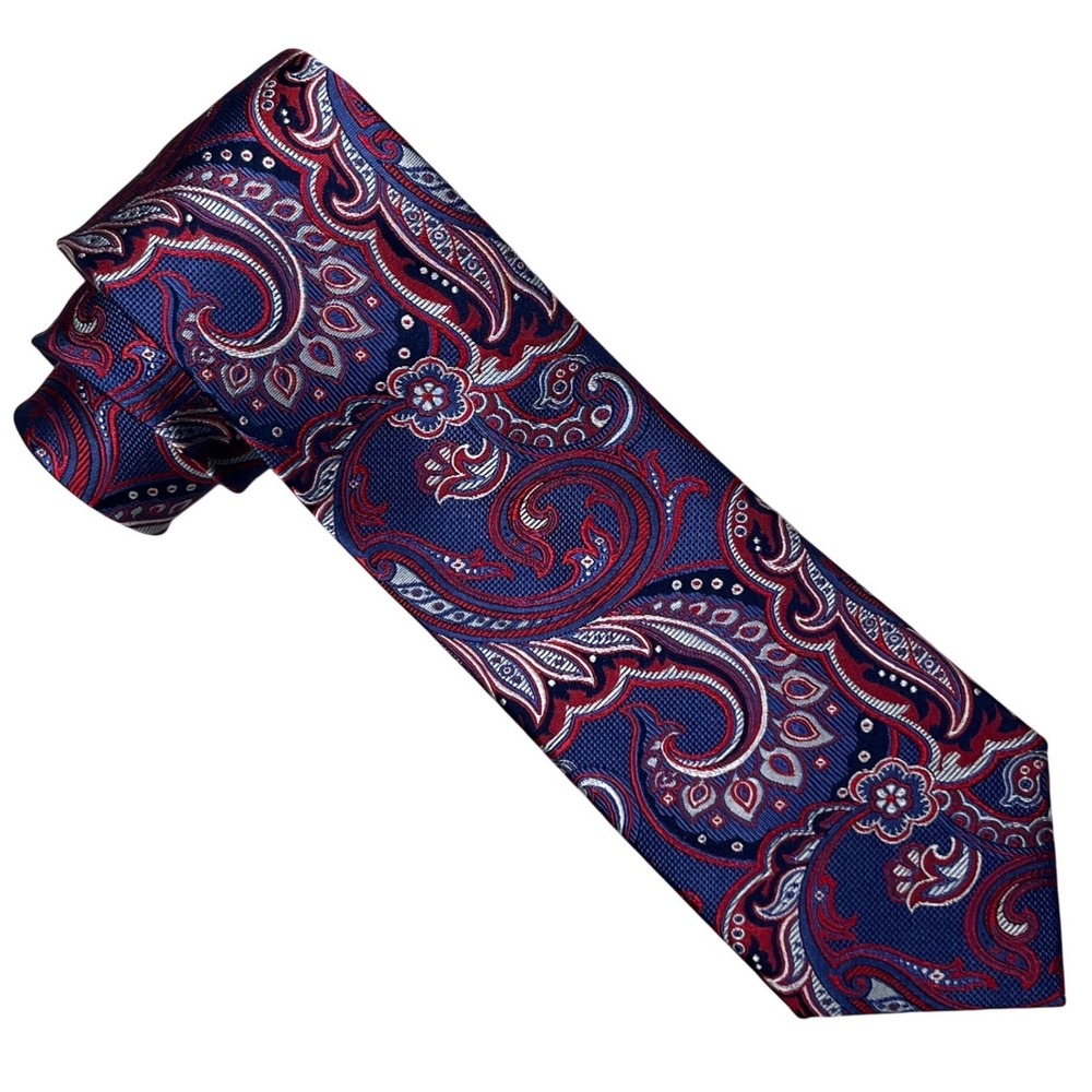 Jos A Bank Reserve Tie 58" Blue Red Paisley Silk Woven Necktie Preppy Classic
